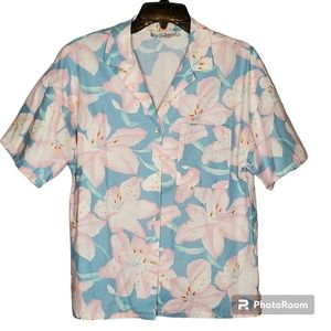 VINTAGE 80s Pastel Pink Blue Hawaiian Floral Print Pearlized Button Down size 10